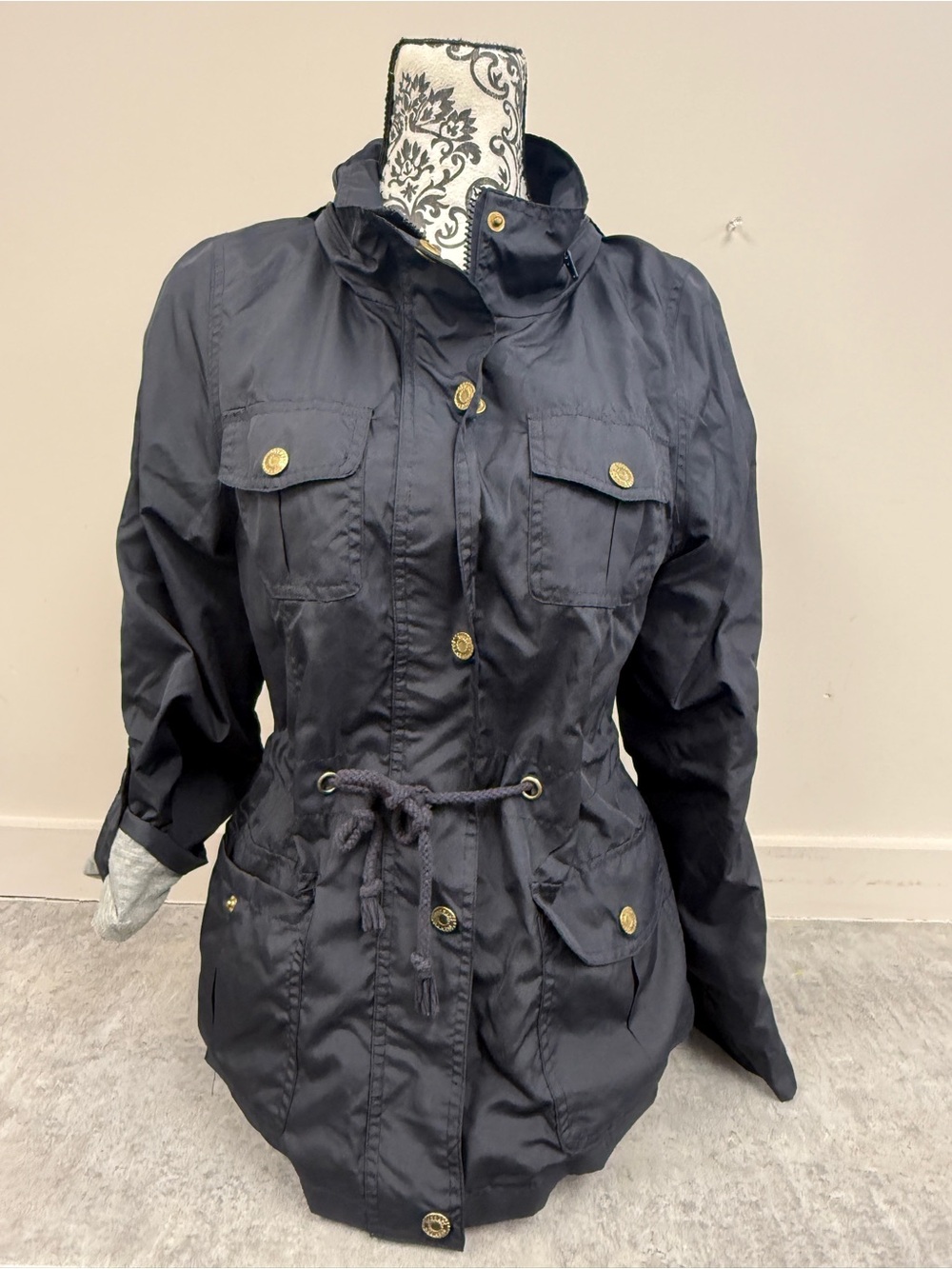 Therapy Small Navy Hooded Utility Jacket Gold Buttons Y2K